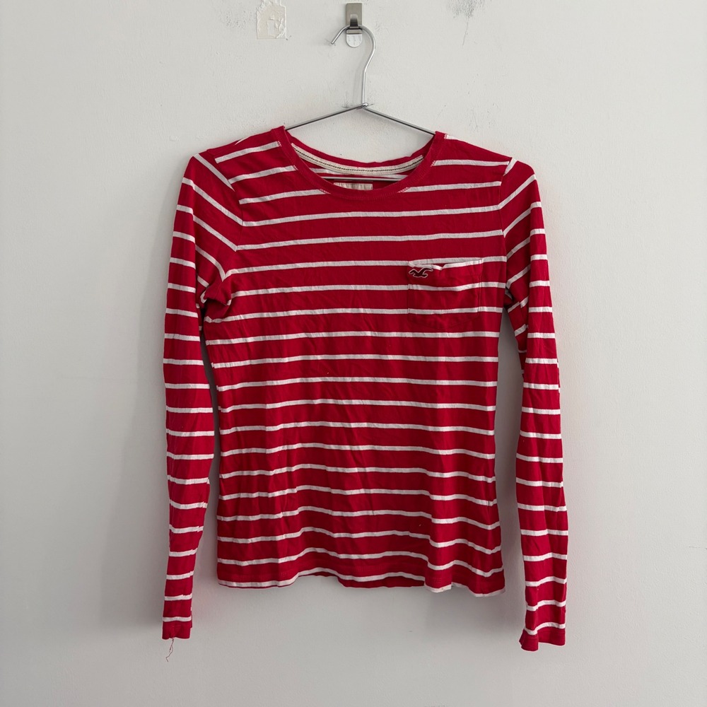 Hollister Womens Red White Striped Long Sleeve Pocket T-Shirt Medium